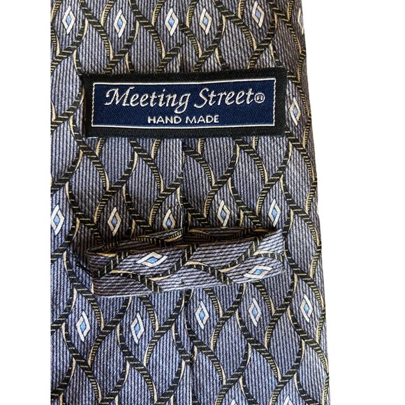 Meeting Street Mens Silk Necktie Geometric Grey Blue Gold Handmade Corpcore Dad - Picture 5 of 5